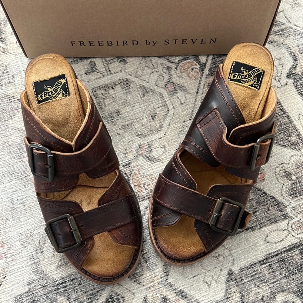 Freebird by Steven Brown Leather Buckle Slide Sandals